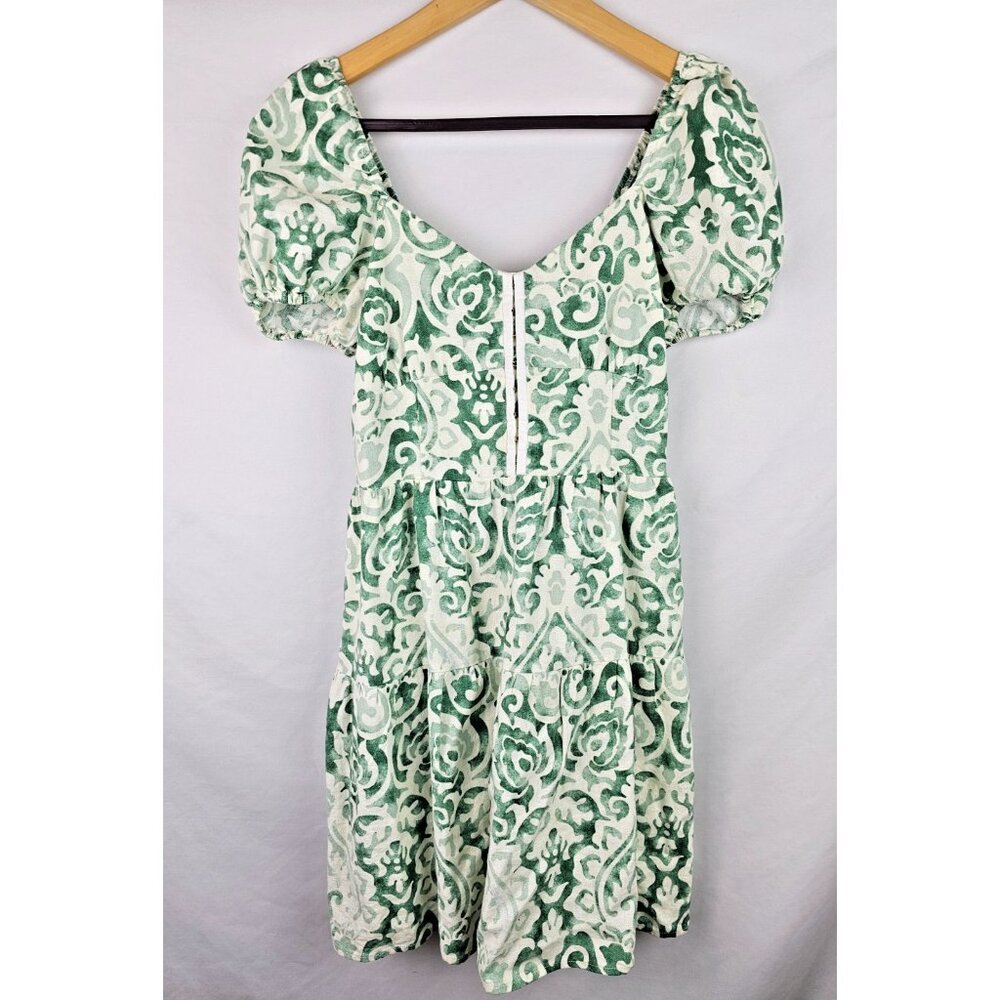 House of Harlow 1960 Women's Dress Size XS Green Linen Blend Short Puffy Sleeve